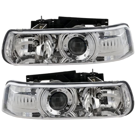 Driver and Passenger Side Headlights, with Bulbs, Halogen, Clear Lens, Chrome Interior, Projector Type