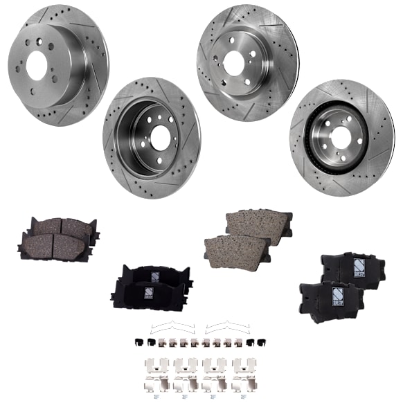 2014 Toyota Camry - 8-Piece Kit Front and Rear Brake Disc and Pad Kit, Cross-drilled and Slotted, 5 Lugs, Ceramic, 3.5L 6Cyl, Pro-Line Series  Includes (4) Brake Disc and (2) Brake Pad Set