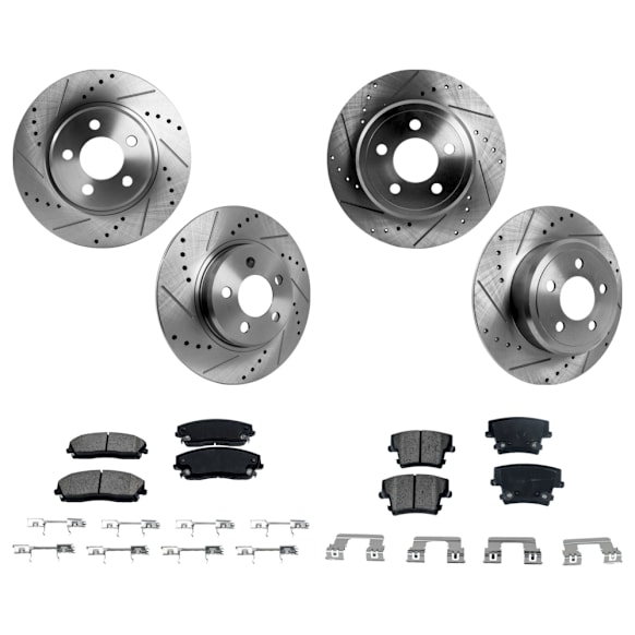 2012 Dodge Charger - 4-Wheel Set Front and Rear Brake Disc and Pad Kit, Cross-drilled and Slotted, 5 Lugs, Front and Rear-320.04 mm, Ceramic, RWD,  320mm Front Disc, Single Piston Front Caliper, Except Blacktop and Rallye Package, 3.6L 6Cyl