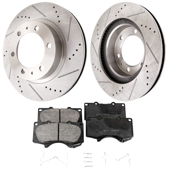 2004 Toyota 4Runner - 4-Piece Kit Front Brake Disc and Pad Kit, Cross-drilled and Slotted, 6 Lugs, Ceramic, 319mm  Disc,  Caliper Casting# 13WG, 4.7L 8Cyl, Pro-Line Series  Includes (2) Brake Disc and (1) Brake Pad Set