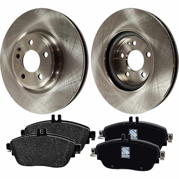 2018 Mercedes Benz CLA250 - 2-Wheel Set Front Brake Disc and Pad Kit, Plain Surface, 5 Lugs, 320 mm, Organic, Base Brakes, 2.0L 4Cyl, Pro-Line Series  Includes (2) Disc and (1) Pad Set