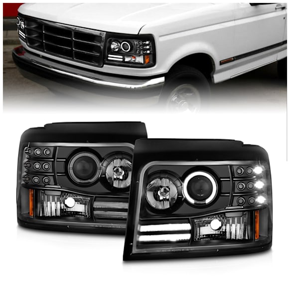 1996 Ford F-250 - Driver and Passenger Side Halogen Headlight, With bulb(s), With Side Marker And Parking Lights, Clear Lens, Black Interior, Halo Projector Series
