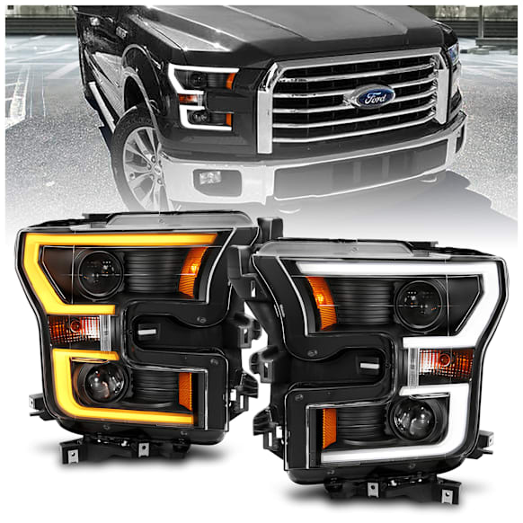 111357 Driver and Passenger Side Halogen Headlight, With bulb(s) - Clear Lens Black Interior, Projector, Switchback LED Light Bar