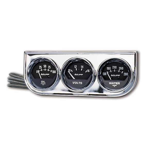 2349 Autogauge Series Gauge Console, Oilp/Wtmp/Volt, 2in. 100Psi/280f/16V, Blk Dial, Chrome Bzl.