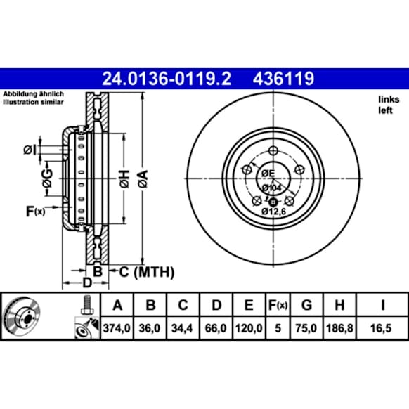 436119 Front, Driver Side Brake Disc, Plain Surface, 5 Lugs, 4.4L, 8Cyl