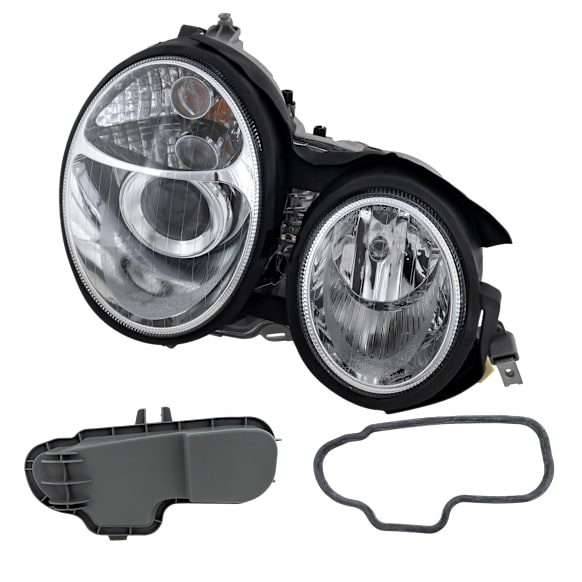 Driver and Passenger Side Headlights, with Bulbs, Halogen, Clear Lens, Chrome Interior, Projector Type
