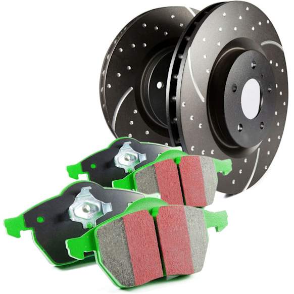 1997 Volvo S90 - Front Brake Disc and Pad Kit, Dimpled and Slotted, 5 Lugs, Aramid Fiber, FMSI Pad No. D634; Vented; 5 Bolt Holes; 280mm Dia.; 51mm Height; 26mm Thick; 68mm Center Hole Dia., S10 Greenstuff 2000 and GD Sport Slotted and Dimpled Rotors
