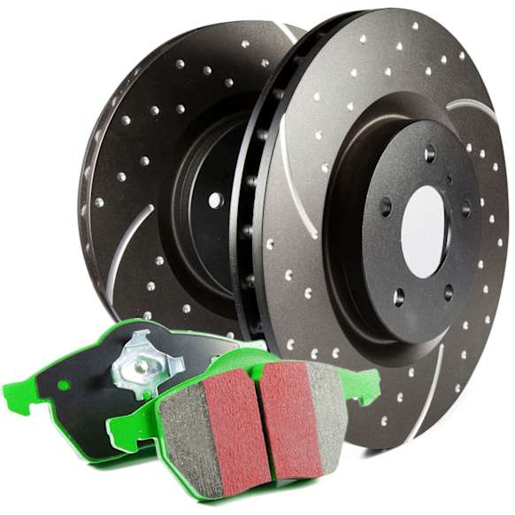 S10KF1668 Front Brake Disc and Pad Kit, Dimpled and Slotted 5 Lugs Aramid Fiber S10 Greenstuff 2000 and GD Sport Slotted and Dimpled Rotors