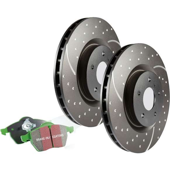S10KF1674 Front Brake Disc and Pad Kit, Dimpled and Slotted 5 Lugs 344.93 mm Aramid Fiber S10 Greenstuff 2000 and GD Sport Slotted and Dimpled Rotors