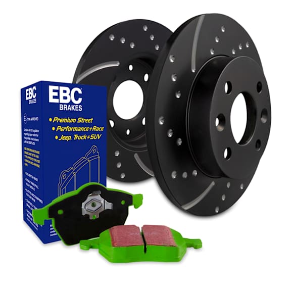 S10KR1432 Rear Brake Disc and Pad Kit, Dimpled and Slotted 5 Lugs 283.97 mm Aramid Fiber S10 Greenstuff 2000 and GD Sport Slotted and Dimpled Rotors