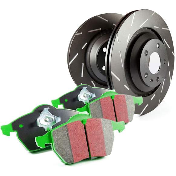 S2KF1401 Front Brake Disc and Pad Kit, Slotted 5 Lugs Aramid Fiber S2 Greenstuff 2000 and USR Sport Slotted Rotors