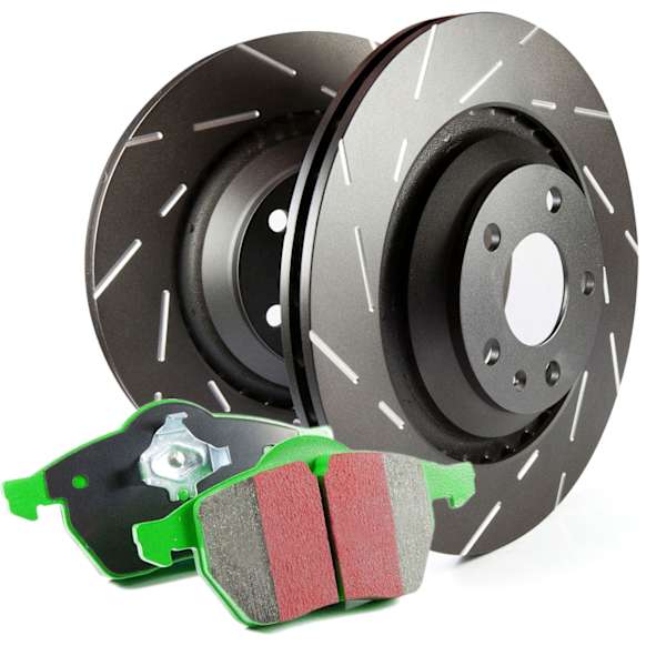 S2KF1537 Front Brake Disc and Pad Kit, Slotted 5 Lugs Aramid Fiber S2 Greenstuff 2000 and USR Sport Slotted Rotors