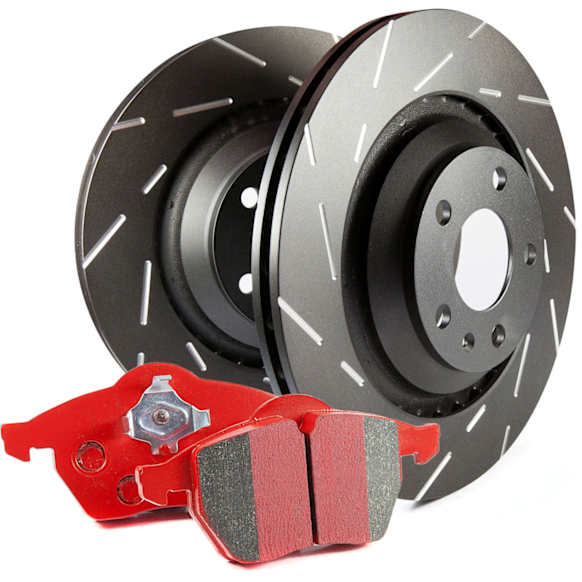 S4KF1807 Front Brake Disc and Pad Kit, Slotted 5 Lugs Aramid Fiber Ceramic S4 Redstuff Ceramic Pad and USR Sport Slotted Rotors
