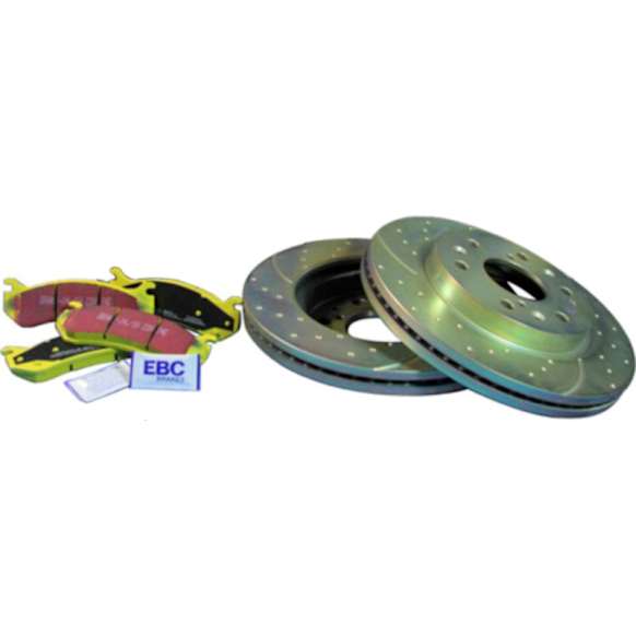 S5KF1036 Front Brake Disc and Pad Kit, Dimpled and Slotted 6 Lugs 355.09 mm Aramid Fiber S5 Yellowstuff and GD Sport Slotted and Dimpled Super Street Rotors
