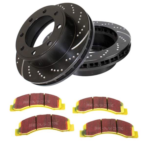 S5KF1195 Front Brake Disc and Pad Kit, Dimpled and Slotted 8 Lugs 330.96 mm Aramid Fiber S5 Yellowstuff and GD Sport Slotted and Dimpled Super Street Rotors