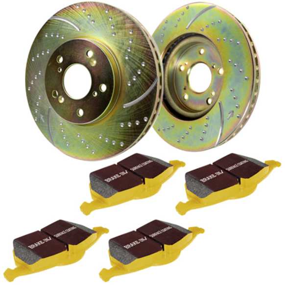 S5KF1199 Front Brake Disc and Pad Kit, Dimpled and Slotted 5 Lugs 299.97 mm Aramid Fiber S5 Yellowstuff and GD Sport Slotted and Dimpled Super Street Rotors