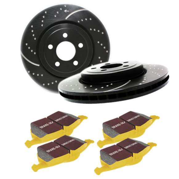S5KF1386 Front Brake Disc and Pad Kit, Dimpled and Slotted 5 Lugs 344.93 mm Aramid Fiber S5 Yellowstuff and GD Sport Slotted and Dimpled Super Street Rotors