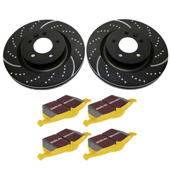 S5KF1461 Front Brake Disc and Pad Kit, Dimpled and Slotted 5 Lugs 340.11 mm Aramid Fiber S5 Yellowstuff and GD Sport Slotted and Dimpled Super Street Rotors