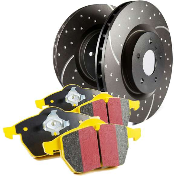 S5KF1676 Front Brake Disc and Pad Kit, Dimpled and Slotted 5 Lugs Aramid Fiber S5 Yellowstuff and GD Sport Slotted and Dimpled Super Street Rotors