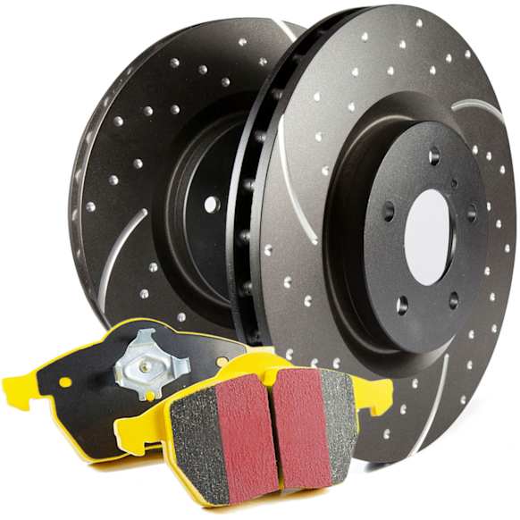 2011 Ford Taurus - Front Brake Disc and Pad Kit, Dimpled and Slotted, 5 Lugs, Aramid Fiber, Eng. VIN: T, Turbocharged, With Perf. Pkg., 3.5L 6Cyl, S5 Yellowstuff and GD Sport Slotted and Dimpled Super Street Rotors
