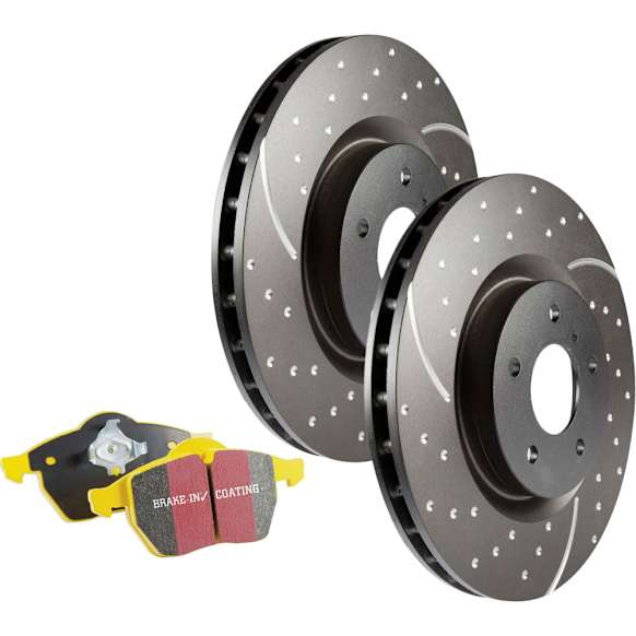 S5KF1906 Front Brake Disc and Pad Kit, Dimpled and Slotted 5 Lugs 370.08 mm Aramid Fiber S5 Yellowstuff and GD Sport Slotted and Dimpled Super Street Rotors