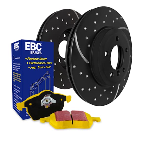 S5KF2036 Front Brake Disc and Pad Kit, Dimpled and Slotted 6 Lugs Aramid Fiber S5 Yellowstuff and GD Sport Slotted and Dimpled Super Street Rotors