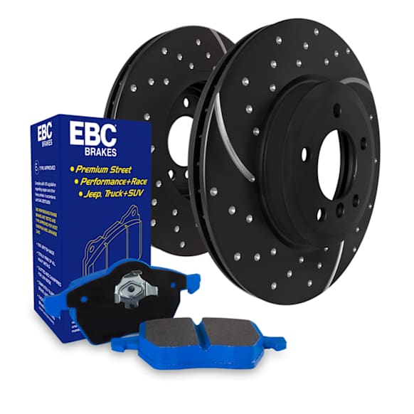 S6KR1299 Rear Brake Disc and Pad Kit, Dimpled and Slotted 5 Lugs Aramid Fiber S6 Bluestuff NDX Pad and GD Sport Slotted and Dimpled Rotors