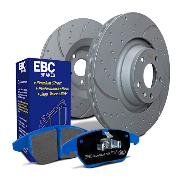 S6KR1333 Rear Brake Disc and Pad Kit, Dimpled and Slotted Aramid Fiber S6 Bluestuff NDX Pad and GD Sport Slotted and Dimpled Rotors