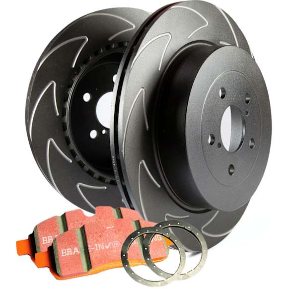 S7KF1069 Front Brake Disc and Pad Kit, Slotted 6 Lugs Aramid Fiber Ceramic S7 Orangestuff Pad and BSD Sport Vee Slotted Rotors
