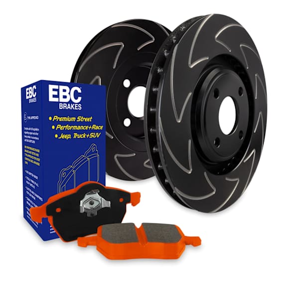 S7KF1089 Front Brake Disc and Pad Kit, Dimpled and Slotted 5 Lugs 279.4 mm Aramid Fiber S7 Orangestuff Pad and BSD Sport Vee Slotted Rotors