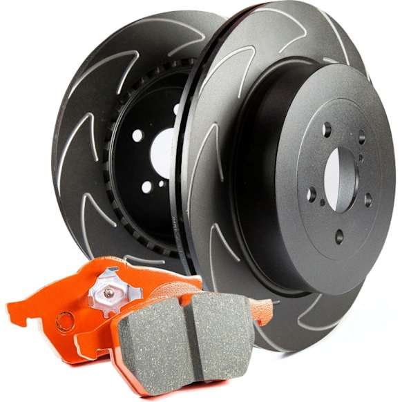 S8KF1012 Front Brake Disc and Pad Kit, Dimpled and Slotted 7 Lugs Aramid Fiber Ceramic RWD S8 Orangestuff Pad and GD Sport Slotted and Dimpled Rotors