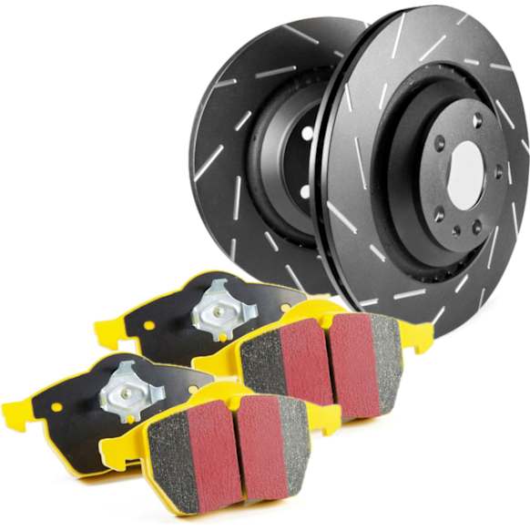 2014 Volkswagen Touareg - Rear Brake Disc and Pad Kit, Slotted, 5 Lugs, Aramid Fiber, FMSI Pad No. D978; Vented; 5 Bolt Holes; 330mm Dia.; 73mm Height; 28mm Thick; 85mm Center Hole Dia.; Pad w/Weights On Top Of Backplate, 3.6L 6Cyl, S9 Yellowstuff Pad and USR Sport S