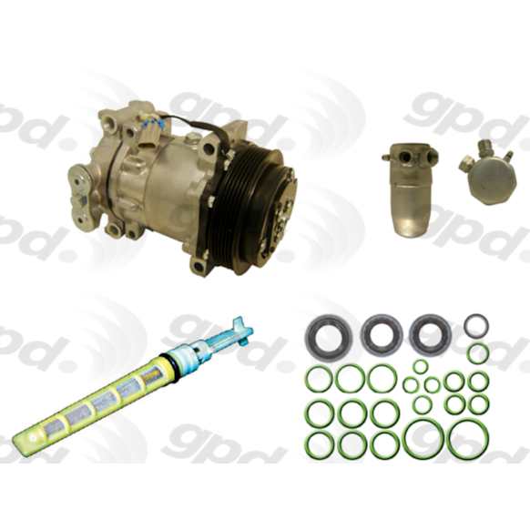1998 Chevrolet C2500 Suburban - 4-Piece Kit A/C Compressor, Without Rear Air Conditioning; 6 Groove; Front Exp Valve 3411296; Oring Seal Kit 1321277; Acum/ Drier 1411365; 6511340; Sanden Replacement, With Clutch, 6-Groove Pulley, 5.7L 8Cyl