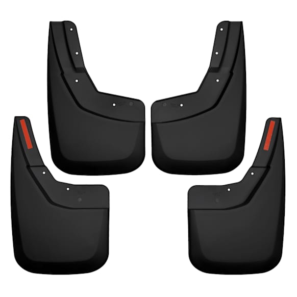 56886 Front and Rear, Driver and Passenger Side Mud Flaps, Black, Plastic, Custom Fit Series