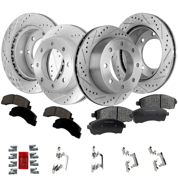 2004 Ford F-250 Super Duty - 4-Wheel Set Front and Rear Brake Disc and Pad Kit, Cross-drilled and Slotted, 8 Lugs, Front-331 mm/Rear-326 mm, Semi-metallic, 4WD, 6.8L 10Cyl, Pro-Line Series  Includes (4) Disc and (2) Pad Set