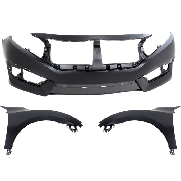 2018 Honda Civic LX - 3-Piece Kit Front Primed Bumper Cover,  North America Built Vehicle, Sedan,  Includes (1) Bumper Cover and (2) Fender