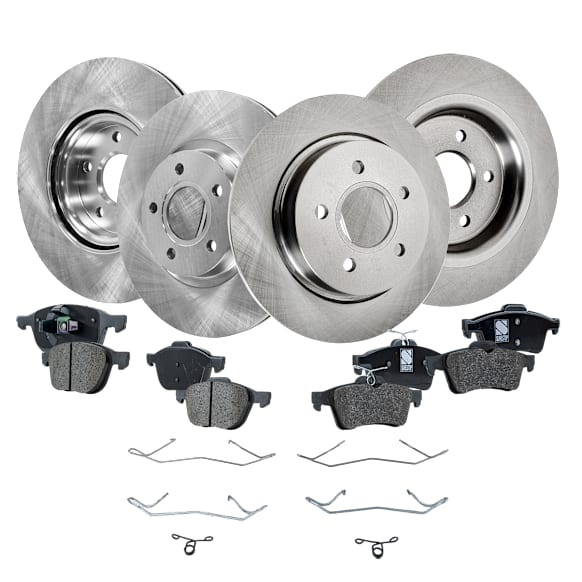 2011 Volvo S40 - 8-Piece Kit Front and Rear Brake Disc and Pad Kit, Plain Surface, 5 Lugs, Front-Ceramic/Rear-Organic, 300mm Front Disc, 280mm Rear Disc Solid, 2.5L 5Cyl, Pro-Line Series  Includes (4) Brake Disc and (2) Brake Pad Set