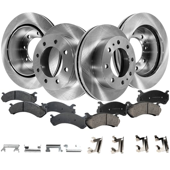 2007 GMC Sierra 3500 HD - 4-Wheel Set Front and Rear Brake Disc and Pad Kit, Plain Surface, 8 Lugs, Front-324.61 mm/Rear-329.95 mm, Ceramic, GMT 900 Series, For Models With Single Rear Wheels, For Models With 9900 Lbs. Gross Vehicle Weight, 6.6L 8Cyl