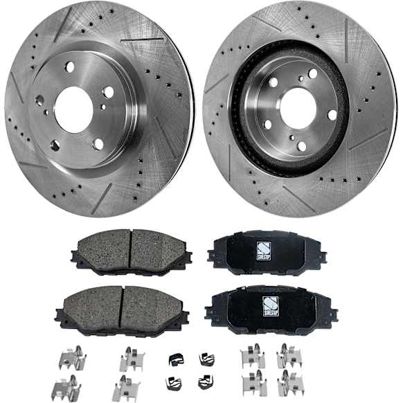 2016 Scion tC - 4-Piece Kit Front Brake Disc and Pad Kit, Cross-drilled and Slotted, 5 Lugs, Ceramic, 2.5L 4Cyl, Pro-Line Series  Includes (2) Brake Disc and (1) Brake Pad Set