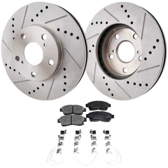 2001 Toyota Camry - 4-Piece Kit Front Brake Disc and Pad Kit, Cross-drilled and Slotted, 5 Lugs, Ceramic, 275mm  Disc, Except 15in. Wheels, 2.2L 4Cyl, Pro-Line Series  Includes (2) Brake Disc and (1) Brake Pad Set