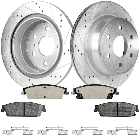 2013 Cadillac Escalade EXT - 4-Piece Kit Rear Brake Disc and Pad Kit, Cross-drilled and Slotted, 6 Lugs, 344.93 mm, Ceramic, 6.2L 8Cyl, Pro-Line Series  Includes (2) Brake Disc and (1) Brake Pad Set