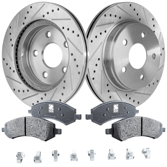 2008 Chrysler Aspen - 2-Wheel Set Front Brake Disc and Pad Kit, Cross-drilled and Slotted, 5 Lugs, 335.79 mm, Semi-metallic, 5.7L 8Cyl,  Includes (2) Disc and (1) Pad Set