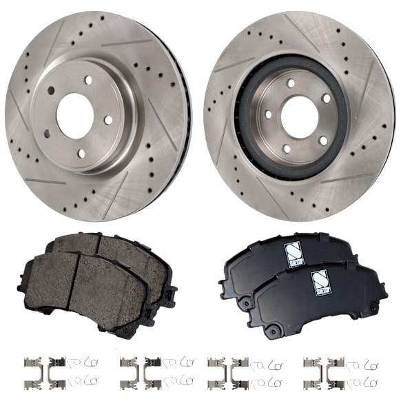 2020 Infiniti Q50 - 4-Piece Kit Front Brake Disc and Pad Kit, Cross-drilled and Slotted, Ceramic, 3.0L 6Cyl,  Includes (2) Brake Disc and (1) Brake Pad Set