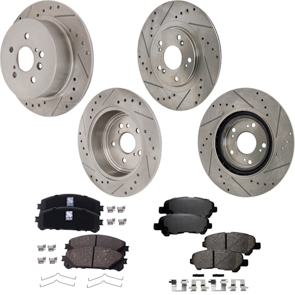 2012 Toyota Highlander Limited - 4-Wheel Set Front and Rear Brake Disc and Pad Kit, Cross-drilled and Slotted, Front-327.91 mm/Rear-309 mm, 3.5L 6Cyl,  Includes (4) Disc and (2) Pad Set