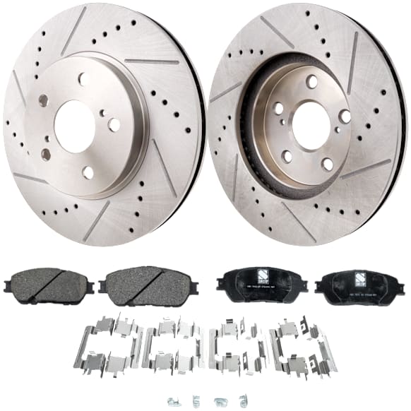 2006 Toyota Sienna Limited - 2-Wheel Set Front Brake Disc and Pad Kit, Cross-drilled and Slotted, 5 Lugs, 296 mm, Ceramic, 3.3L 6Cyl, Pro-Line Series  Includes (2) Disc and (1) Pad Set