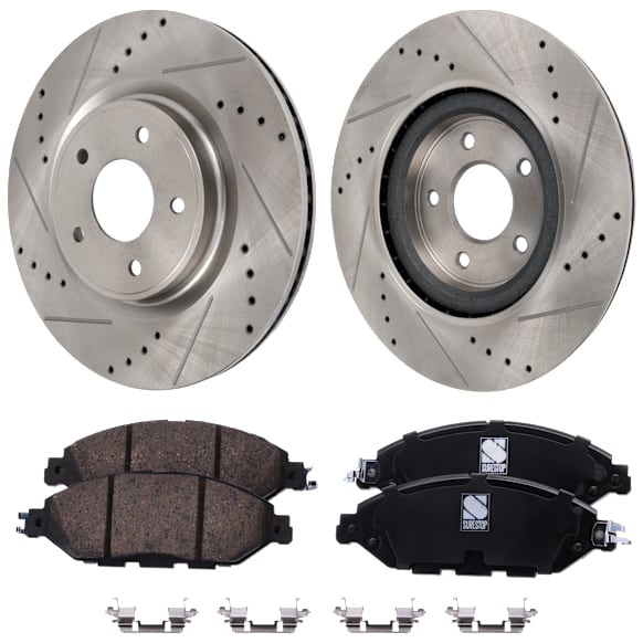 2015 Nissan Pathfinder - 4-Piece Kit Front Brake Disc and Pad Kit, Cross-drilled and Slotted, 5 Lugs, Ceramic, 3.5L 6Cyl, Pro-Line Series  Includes (2) Brake Disc and (1) Brake Pad Set