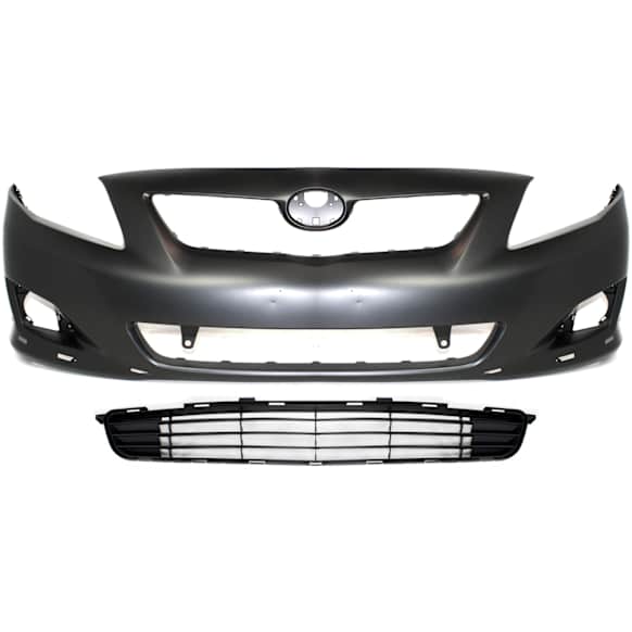 2009 Toyota Corolla - 2-Piece Kit Front Primed Bumper Cover, For Models With Spoiler Holes, North America Built Vehicle,  Includes (1) Bumper Cover and (1) Bumper Grille