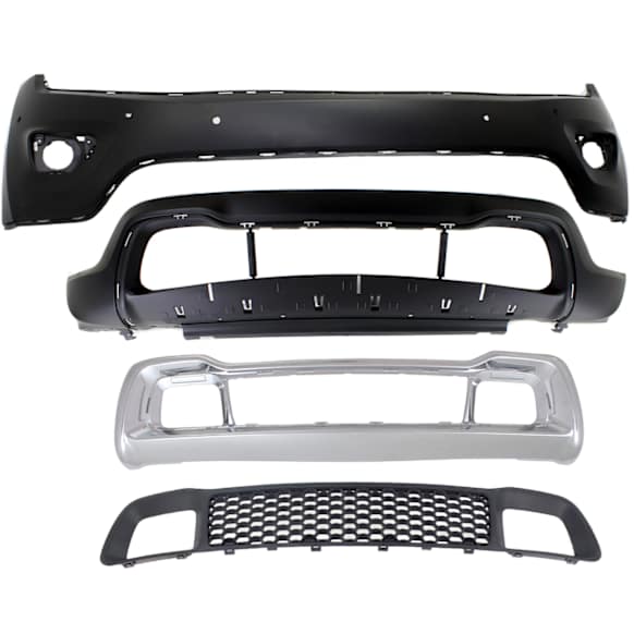 2014 Jeep Grand Cherokee Overland - 4-Piece Kit Front, Upper and Lower Upper - Primed, Lower - Textured Bumper Cover, For Models With Parking Aid Sensor, Without Adaptive Cruise Control,  Includes (2) Bumper Cover and (2) Bumper Grille