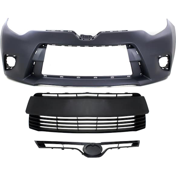 2014-2016 Toyota Corolla - 3-Piece Kit, Front Primed Bumper Cover, Includes (1) Bumper Cover, (1) Bumper Grille, and (1) Grille
