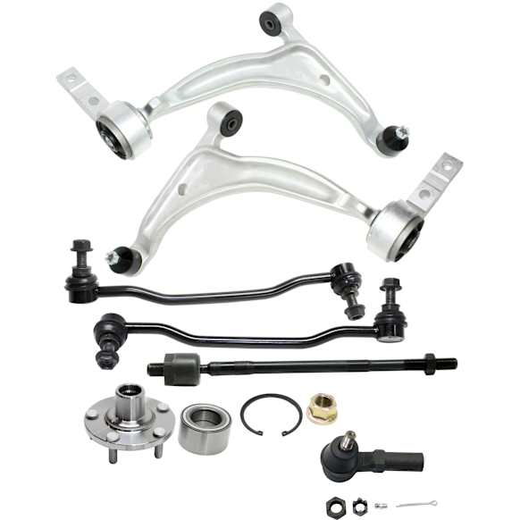 10-Piece Kit Front, Driver and Passenger Side, Lower Control Arm, Includes nut(s), includes Sway Bar Links, Tie Rod Ends, and Wheel Hubs